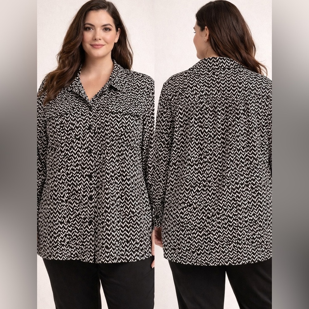 Plus Size Black & White Zigzag Button-Up Blouse 2XL